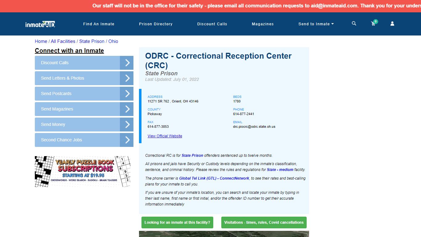 ODRC - Correctional Reception Center (CRC) & Inmate Search | Visitation ...