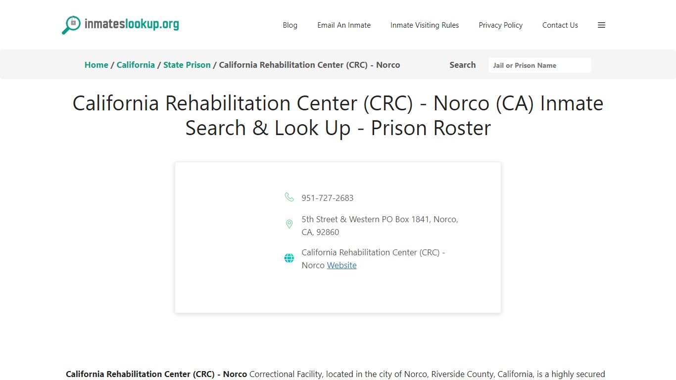 California Rehabilitation Center (CRC) - Norco (CA) Inmate Search ...